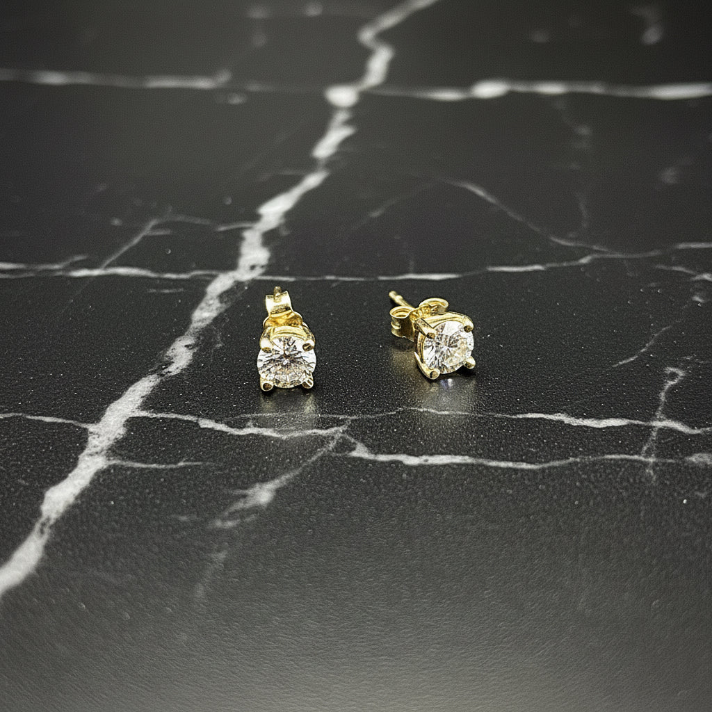 14K Yellow Gold Prong Basket Setting E-F Lab Diamond 1 CTW 5MM Handmade Stud Earrings