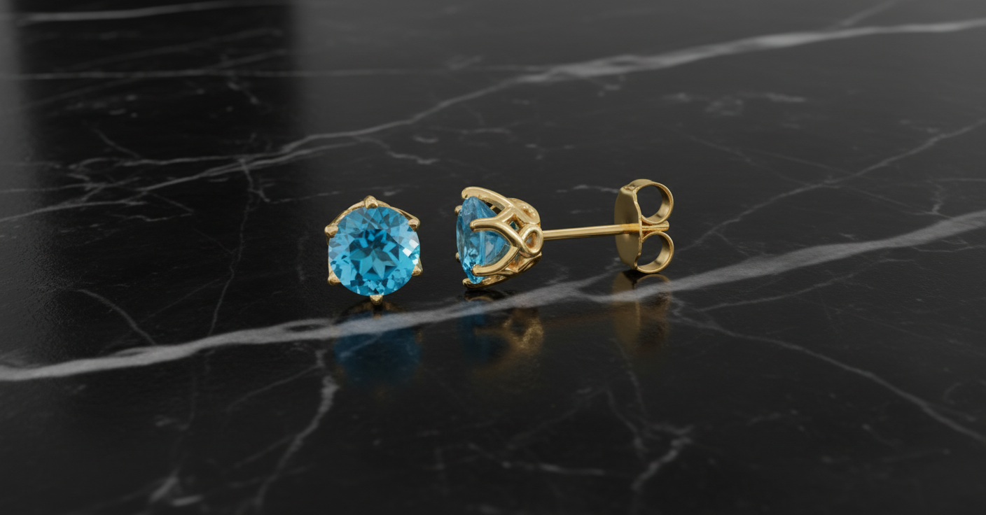 14k Yellow Gold 6mm Natural Swiss Blue Topaz Earrings