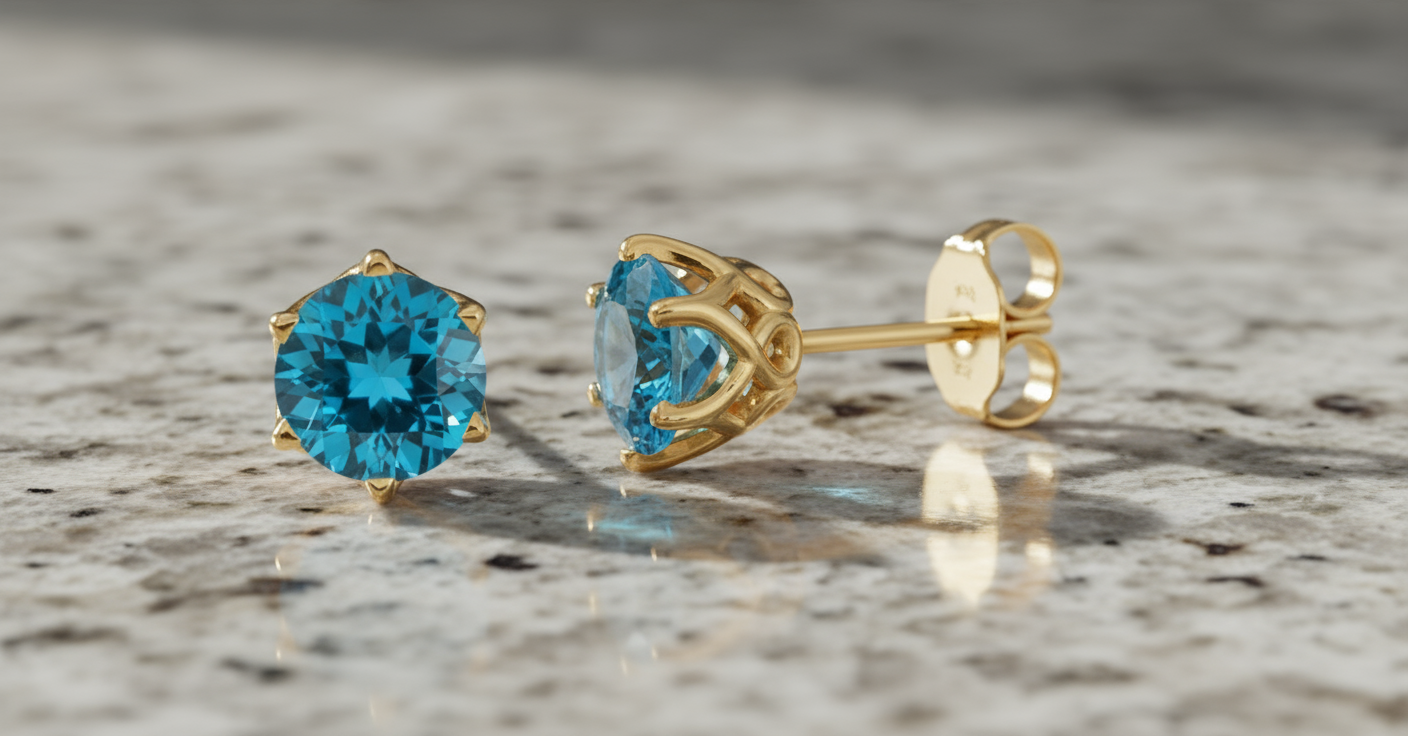 14k Yellow Gold 6mm Natural Swiss Blue Topaz Earrings