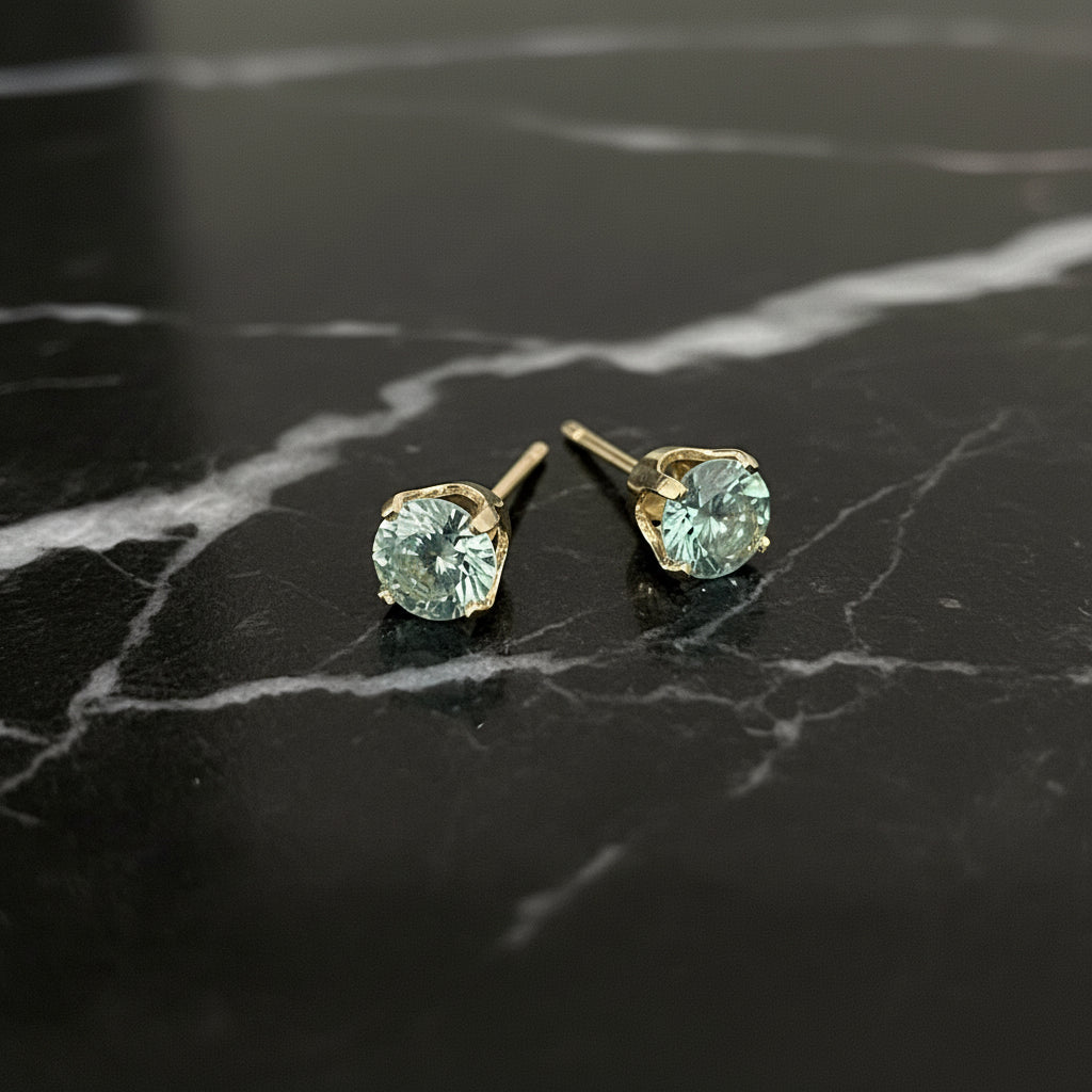 14K Yellow Gold 1 CTW Elegant Prong Setting 5mm Sea Blue Moissanite Stud Earrings