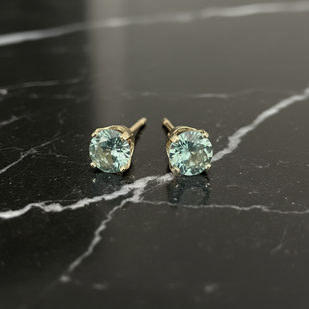 14K Yellow Gold 1 CTW Elegant Prong Setting 5mm Sea Blue Moissanite Stud Earrings
