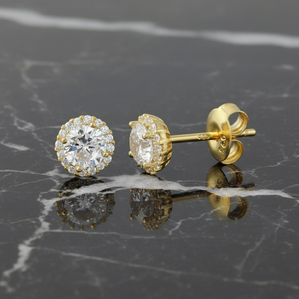 Gold Plated 925 Sterling Silver 5mm CZ Halo Stud Earrings 6.7mm Diameter