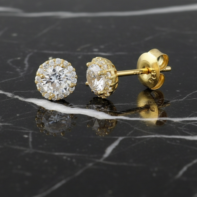 Gold Plated 925 Sterling Silver 5mm CZ Halo Stud Earrings 6.7mm Diameter