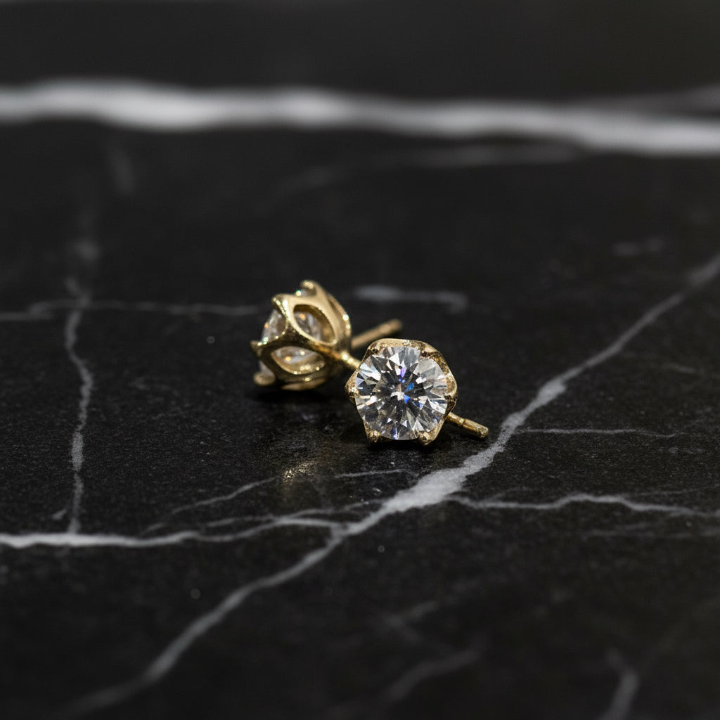 10K Yellow Gold 1.00 CTW VVS Moissanite 5mm Handmade Stud Earrings With Tulip Setting