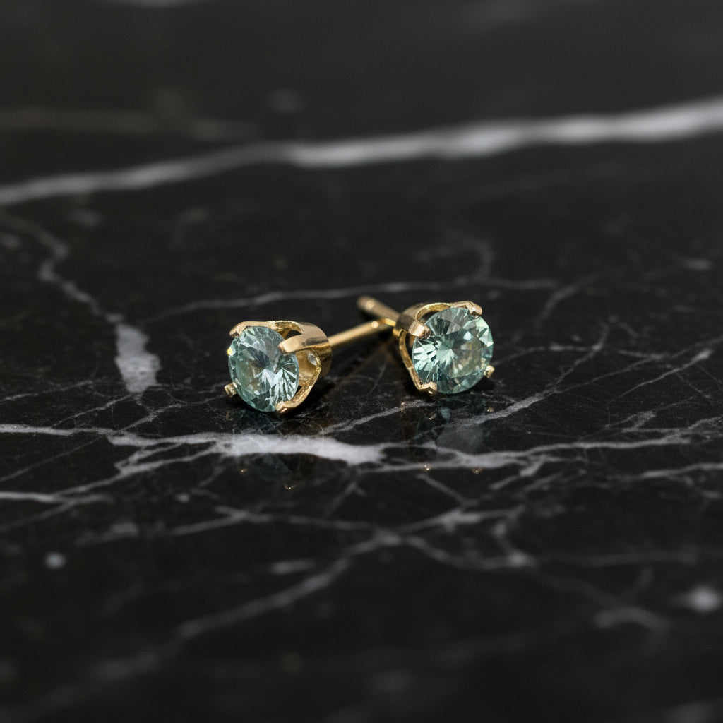 14K Yellow Gold 1 CTW Elegant Prong Setting 5mm Sea Blue Moissanite Stud Earrings