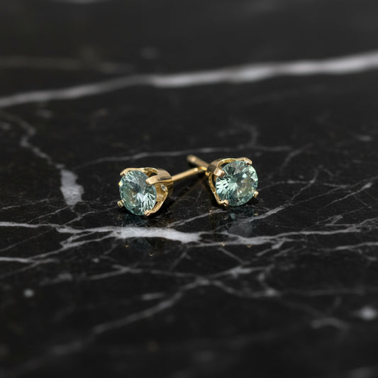 14K Yellow Gold 1 CTW Elegant Prong Setting 5mm Sea Blue Moissanite Stud Earrings