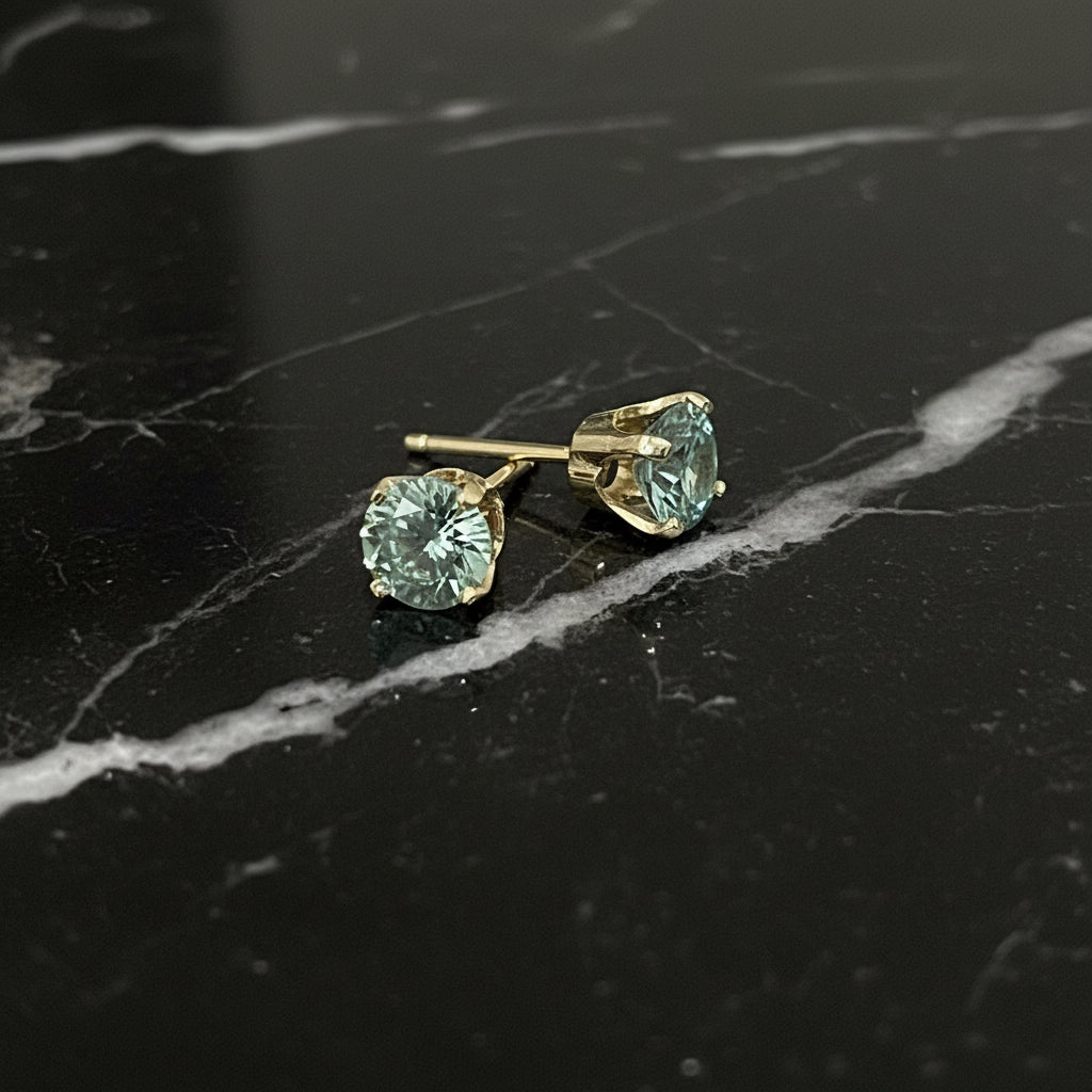 14K Yellow Gold 1 CTW Elegant Prong Setting 5mm Sea Blue Moissanite Stud Earrings