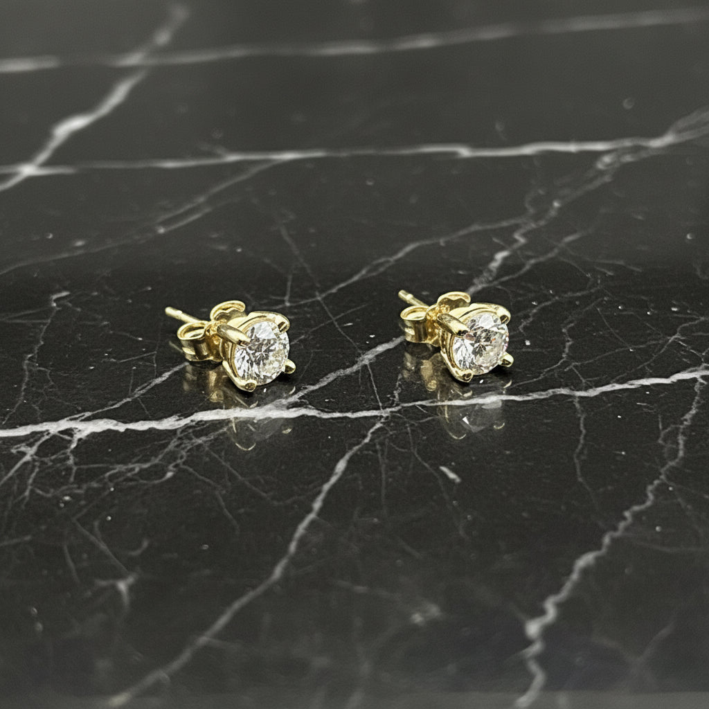 14K Yellow Gold Prong Basket Setting E-F Lab Diamond 1 CTW 5MM Handmade Stud Earrings