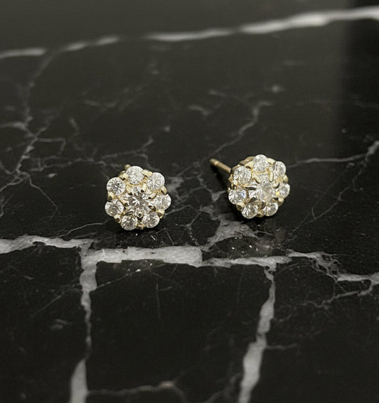 14K Yellow Gold Handmade Cluster Moissanite Stud Earrings 2.20 CTW 7mm Diameter