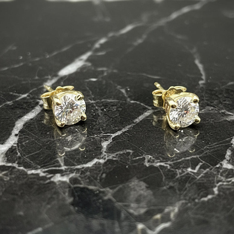 14K Yellow Gold Prong Basket Setting E-F Lab Diamond 1 CTW 5MM Handmade Stud Earrings