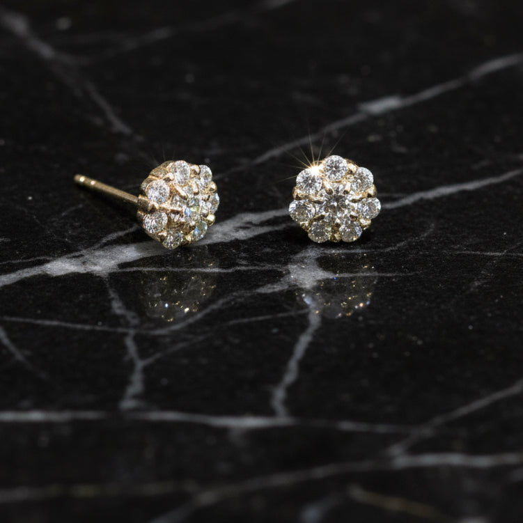 14K Yellow Gold Handmade Cluster Moissanite Stud Earrings 2.20 CTW 7mm Diameter